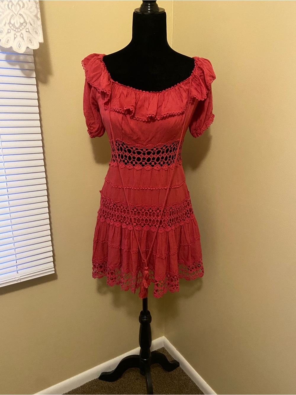 Free People Coral Red Lace-Trim Puff Sleeve Mini Dress